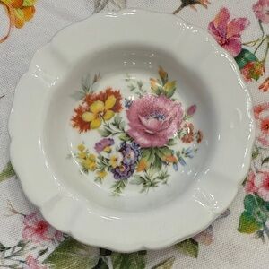 Limoges White Ceramic Plate  with Pink, Yellow and Purple Floral Bouquet